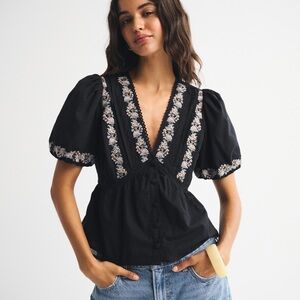 Abercrombie & Fitch Black Blouse with Floral Embroidery